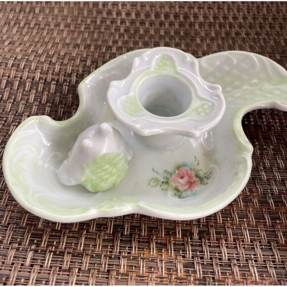 Cottagecore Candle Holder Pair w/ Snuffer Green  & White Victorian Style - Picture 2 of 8